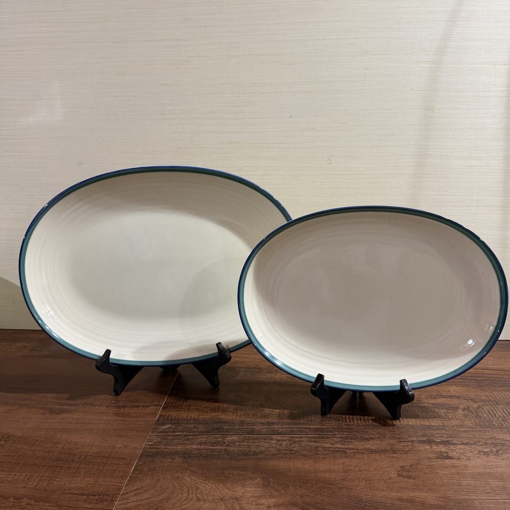 2 Pfaltzgraff Northwinds Oval Serving Platters 12" & 14" Blue Green Rim Dish USA